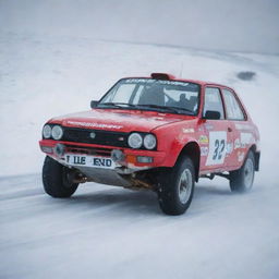 A thrilling image of an Icelandic rally car, uniquely equipped to handle the icy, rugged terrains of Iceland, in full action on the track.