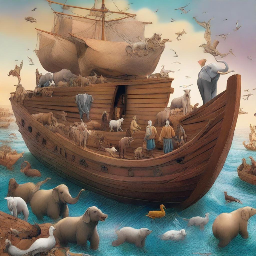 A lively digital art image depicting Prophet Noah leading various animals into the large wooden ship