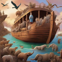 A lively digital art image depicting Prophet Noah leading various animals into the large wooden ship