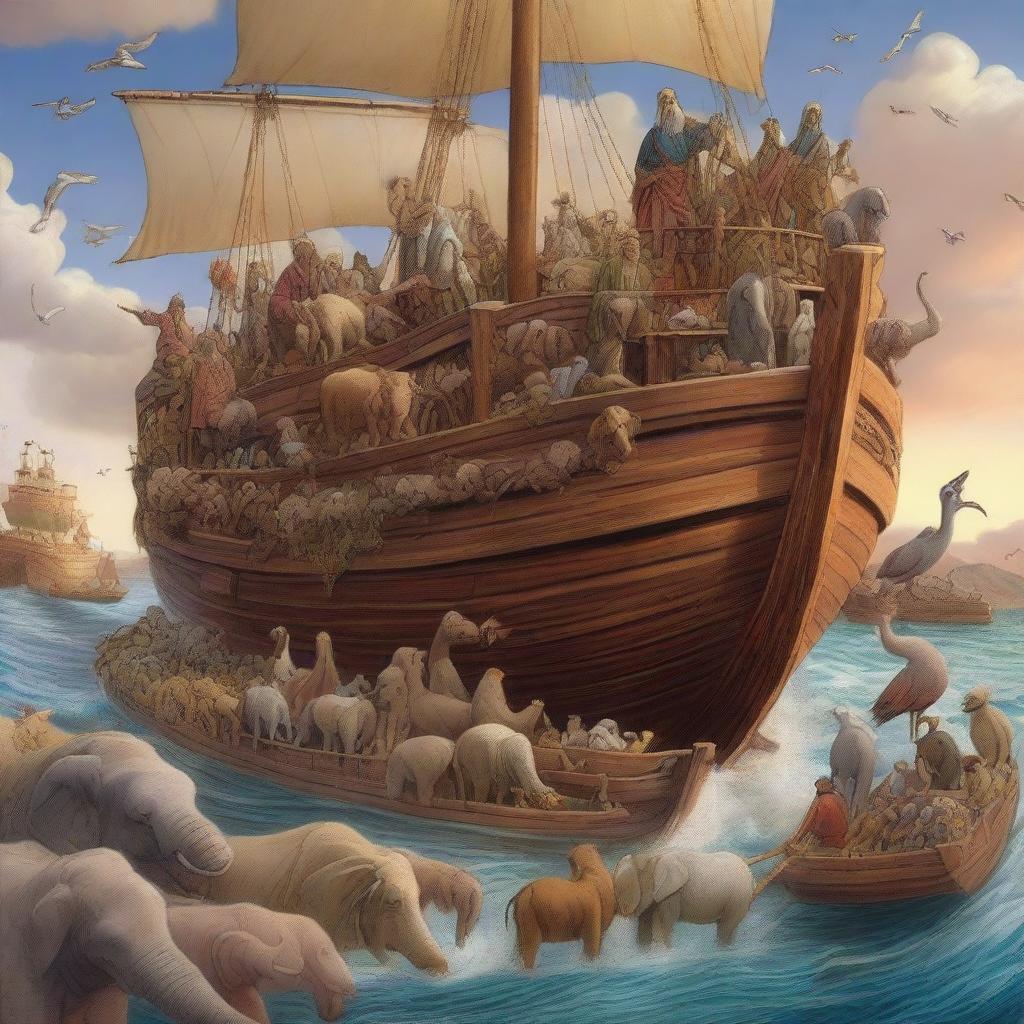 A lively digital art image depicting Prophet Noah leading various animals into the large wooden ship