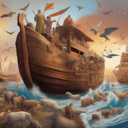 A lively digital art image depicting Prophet Noah leading various animals into the large wooden ship