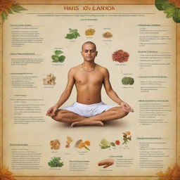 Create a detailed informative poster about the steps involved in the traditional procedure of Vamana, an Ayurvedic therapy. Include the use of Ayurvedic herbs, medicinal substances and the depiction of patients during treatment.