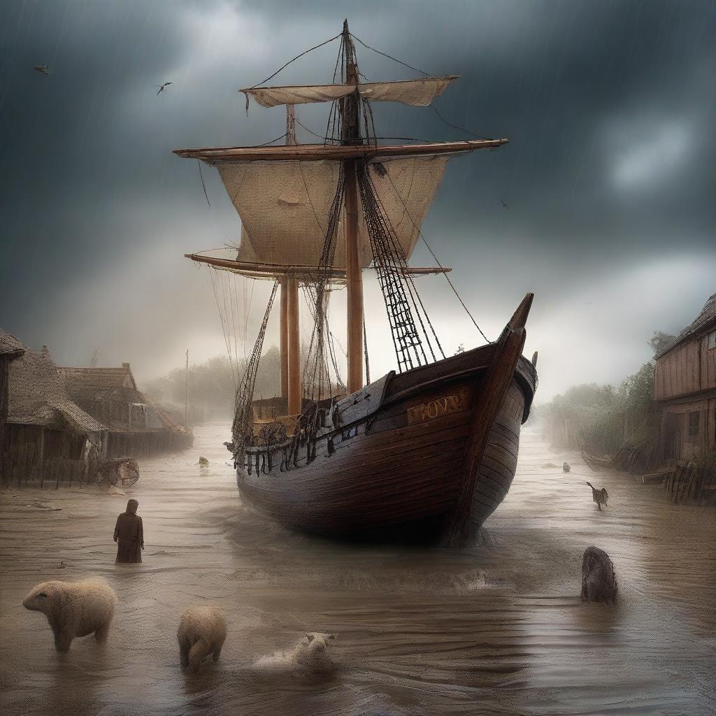 A dramatic digital art image capturing the moment when a torrential rain begins to flood the village, forcing Prophet Noah's wooden ship to set sail