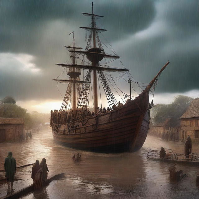 A dramatic digital art image capturing the moment when a torrential rain begins to flood the village, forcing Prophet Noah's wooden ship to set sail