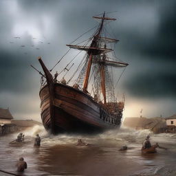 A dramatic digital art image capturing the moment when a torrential rain begins to flood the village, forcing Prophet Noah's wooden ship to set sail