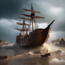 A dramatic digital art image capturing the moment when a torrential rain begins to flood the village, forcing Prophet Noah's wooden ship to set sail