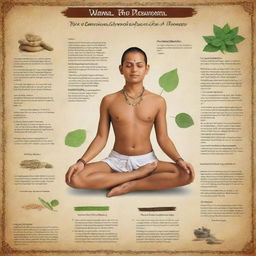 Create a detailed informative poster about the steps involved in the traditional procedure of Vamana, an Ayurvedic therapy. Include the use of Ayurvedic herbs, medicinal substances and the depiction of patients during treatment.