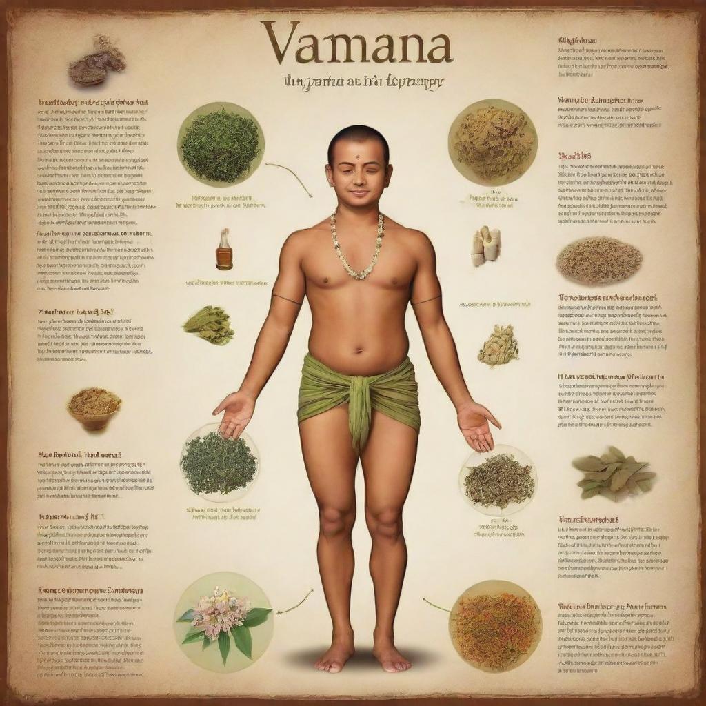 Create a detailed informative poster about the steps involved in the traditional procedure of Vamana, an Ayurvedic therapy. Include the use of Ayurvedic herbs, medicinal substances and the depiction of patients during treatment.