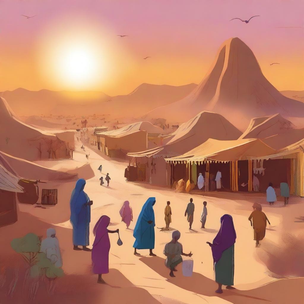 A vibrant digital art depicting the lively desert village