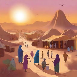 A vibrant digital art depicting the lively desert village