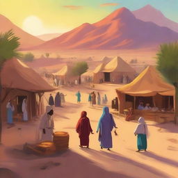 A vibrant digital art depicting the lively desert village