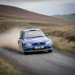 An adrenaline-pumping image of a rally car from the Isle of Man, known for its challenging and high-speed races, in action on a winding track.