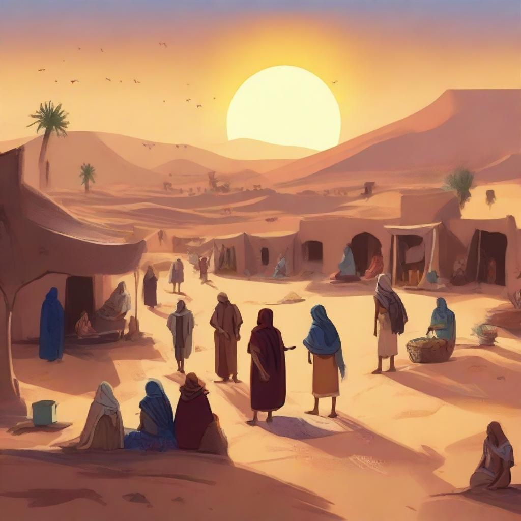 A vibrant digital art depicting the lively desert village