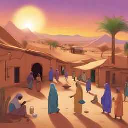 A vibrant digital art depicting the lively desert village