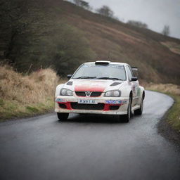 An adrenaline-pumping image of a rally car from the Isle of Man, known for its challenging and high-speed races, in action on a winding track.