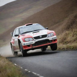 An adrenaline-pumping image of a rally car from the Isle of Man, known for its challenging and high-speed races, in action on a winding track.