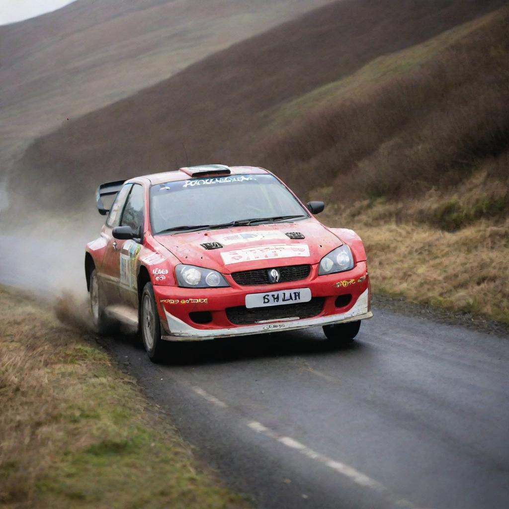 An adrenaline-pumping image of a rally car from the Isle of Man, known for its challenging and high-speed races, in action on a winding track.