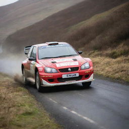 An adrenaline-pumping image of a rally car from the Isle of Man, known for its challenging and high-speed races, in action on a winding track.