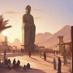 A detailed digital art illustrating a bustling desert village, where the inhabitants are seen constructing a grand statue in the village center