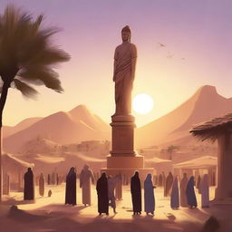 A detailed digital art illustrating a bustling desert village, where the inhabitants are seen constructing a grand statue in the village center