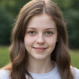 A detailed portrait of a pale-skinned teenager with hazel eyes, long brown hair, and charming dimples.