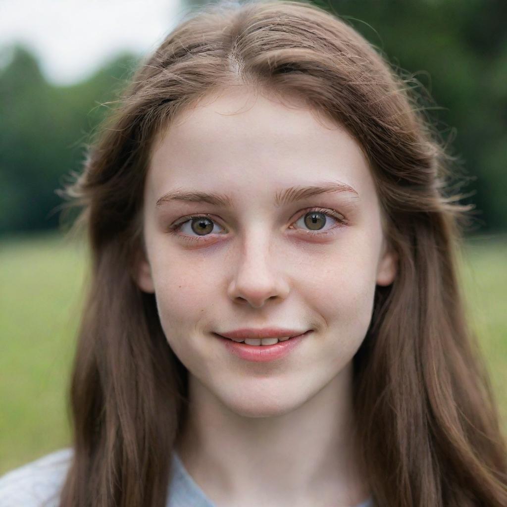 A detailed portrait of a pale-skinned teenager with hazel eyes, long brown hair, and charming dimples.