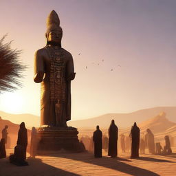 A compelling digital art piece that portrays the inhabitants of a desert village gathered around a grand statue in reverence