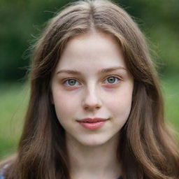 A detailed portrait of a pale-skinned teenager with hazel eyes, long brown hair, and charming dimples.