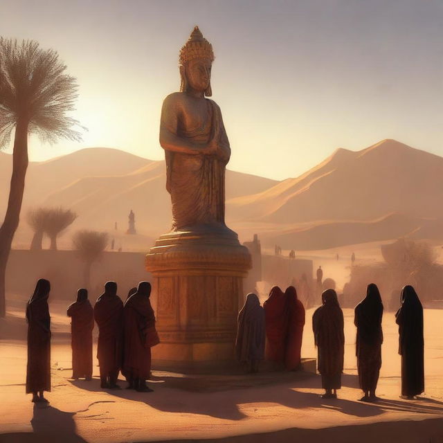 A compelling digital art piece that portrays the inhabitants of a desert village gathered around a grand statue in reverence