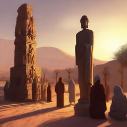 A compelling digital art piece that portrays the inhabitants of a desert village gathered around a grand statue in reverence