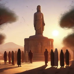 A compelling digital art piece that portrays the inhabitants of a desert village gathered around a grand statue in reverence