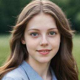 A detailed portrait of a pale-skinned teenager with hazel eyes, long brown hair, and charming dimples.