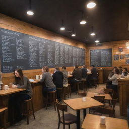 A cozy, bustling cafe with warm lighting, wooden furniture, patrons enjoying their coffee, and a chalkboard menu on the wall