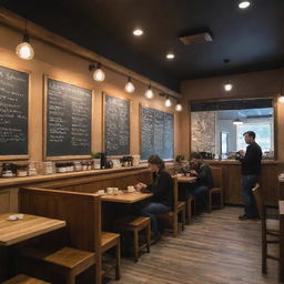 A cozy, bustling cafe with warm lighting, wooden furniture, patrons enjoying their coffee, and a chalkboard menu on the wall