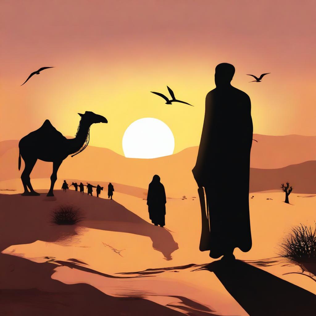 An evocative digital art piece presenting the arrival of a prophet named Hud in the desert village