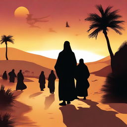 An evocative digital art piece presenting the arrival of a prophet named Hud in the desert village