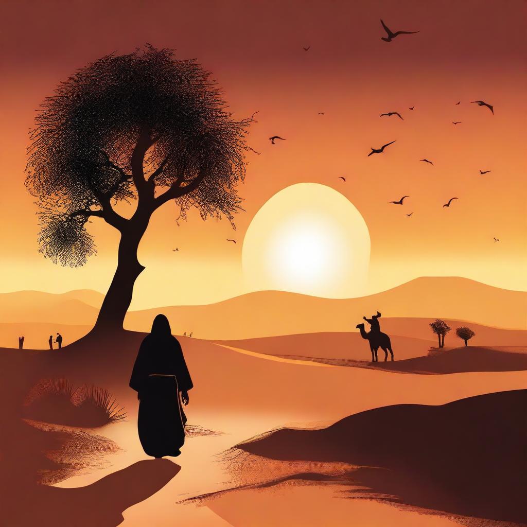 An evocative digital art piece presenting the arrival of a prophet named Hud in the desert village