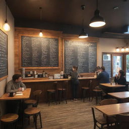 A cozy, bustling cafe with warm lighting, wooden furniture, patrons enjoying their coffee, and a chalkboard menu on the wall