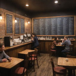 A cozy, bustling cafe with warm lighting, wooden furniture, patrons enjoying their coffee, and a chalkboard menu on the wall