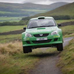 A dynamic image of an Irish rally car, showcasing its agility and speed against the backdrop of lush, green Irish landscape.