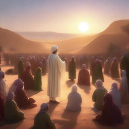 A captivating digital art piece showcasing the prophet Hud preaching amidst the desert villagers