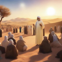 A captivating digital art piece showcasing the prophet Hud preaching amidst the desert villagers