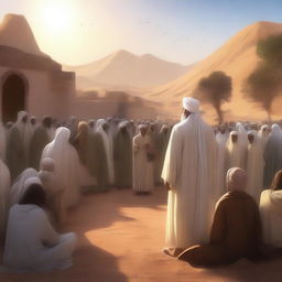 A captivating digital art piece showcasing the prophet Hud preaching amidst the desert villagers