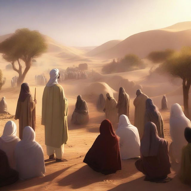 A captivating digital art piece showcasing the prophet Hud preaching amidst the desert villagers