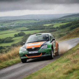 A dynamic image of an Irish rally car, showcasing its agility and speed against the backdrop of lush, green Irish landscape.