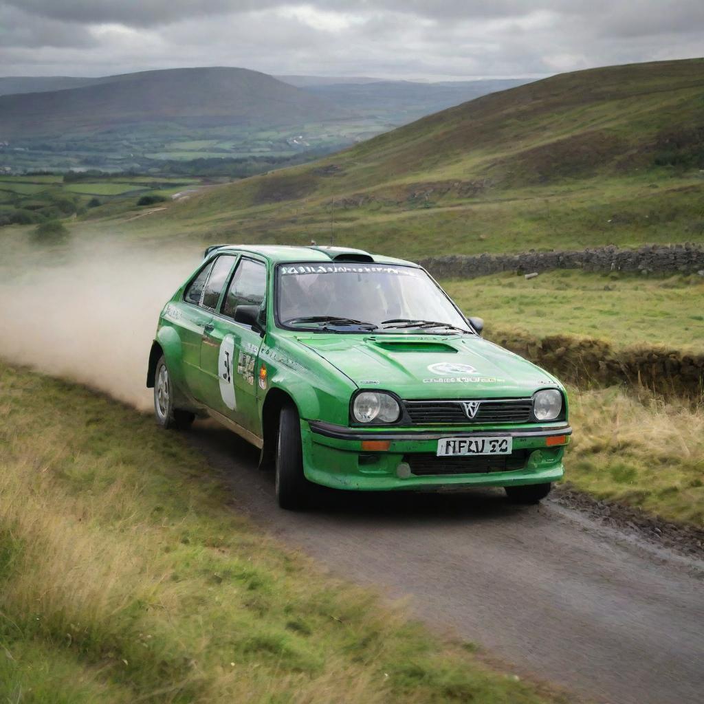 A dynamic image of an Irish rally car, showcasing its agility and speed against the backdrop of lush, green Irish landscape.