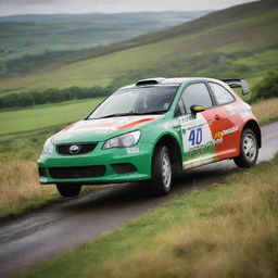 A dynamic image of an Irish rally car, showcasing its agility and speed against the backdrop of lush, green Irish landscape.