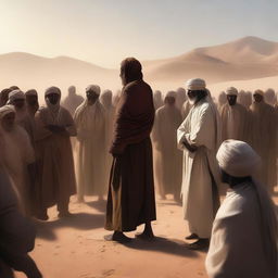 A dramatic digital art piece capturing the moment of tension as the desert villagers react with anger to the prophet Hud's preaching