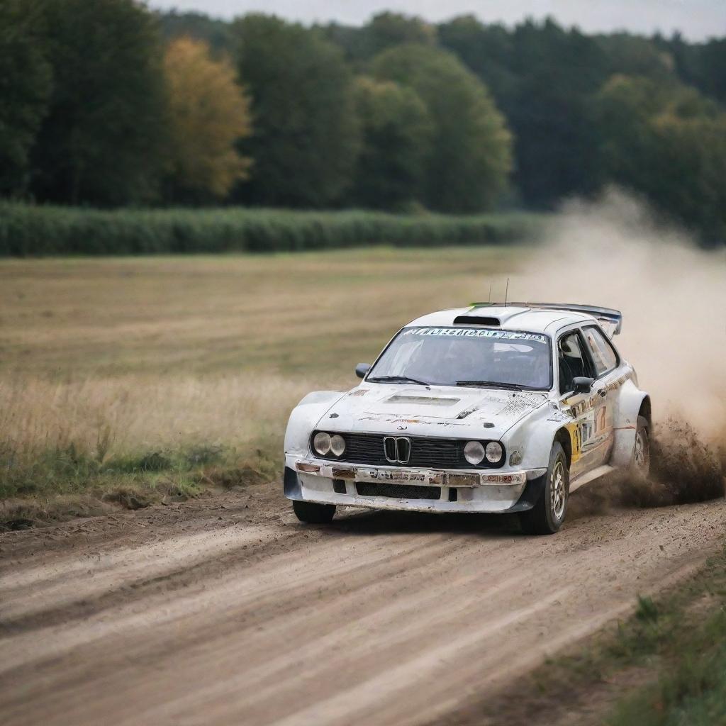 A powerful image of a German rally car, known for their engineering excellence, racing down a track with precision and speed.