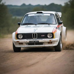 A powerful image of a German rally car, known for their engineering excellence, racing down a track with precision and speed.